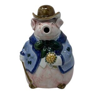 Handcrafted Gentlemen Pink Pig Teapot Blue Jacket Hat Tie Courting Kitschy Vtg